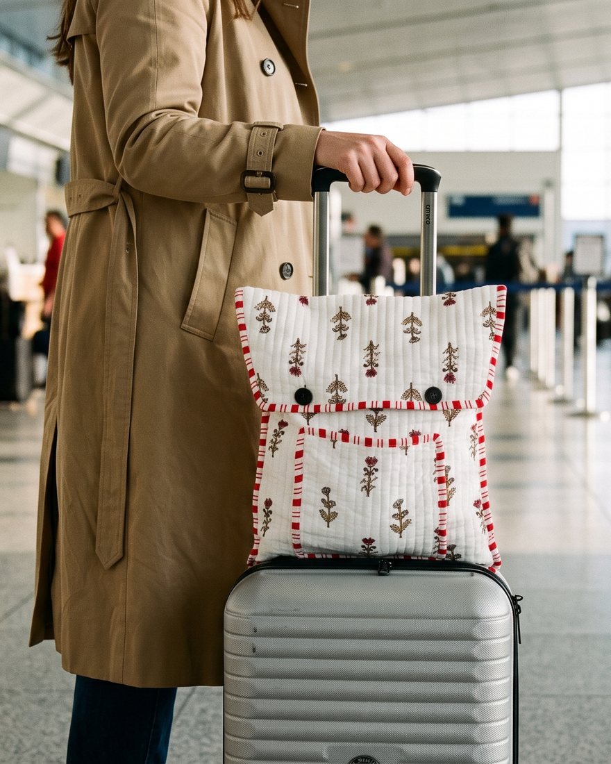 A traveller at the airport with the pouch slipped over her carry-on handle