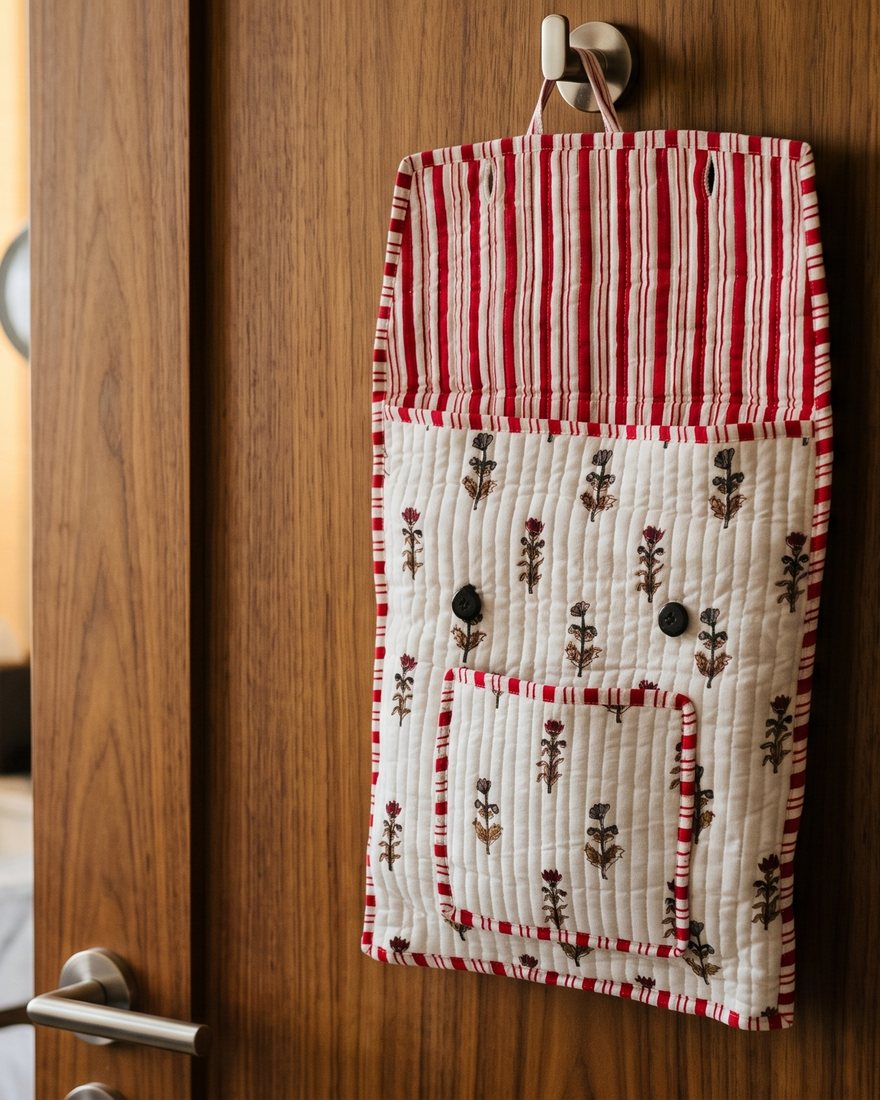 The quilted pouch hanging from a hook on a hotel bathroom door