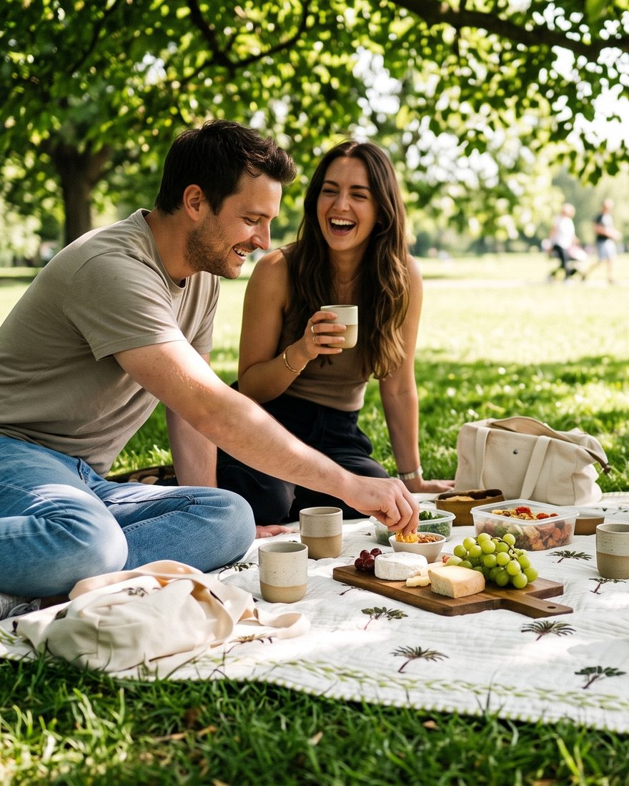 Friends picnicking in the park on the Sage Tree mul blanket, with the toiletry pouch beside them