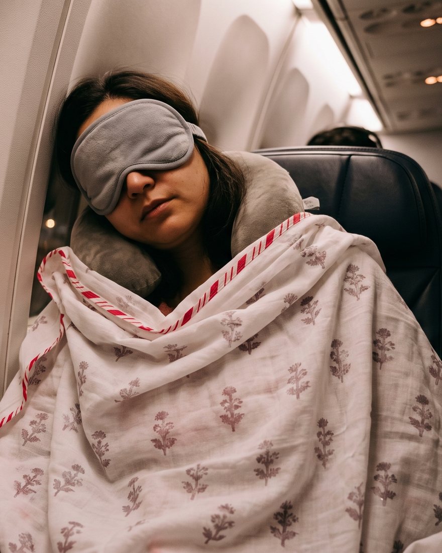 A traveller asleep on a plane, wrapped in the mul blanket